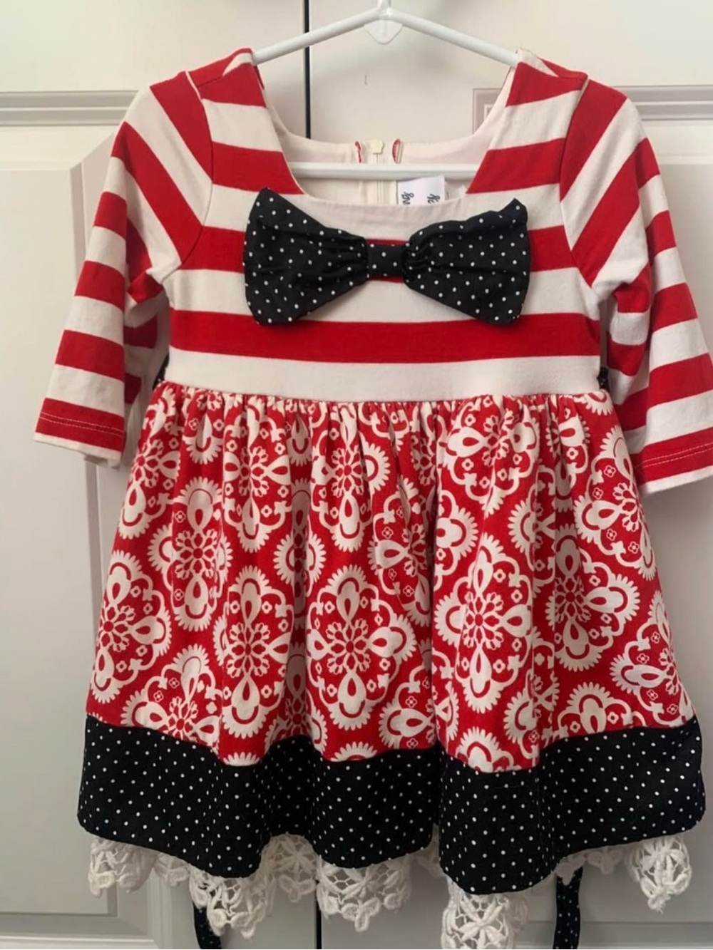 Girls Red & White Striped Bow-Accent Casual Dress